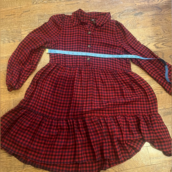 Zara Buffalo plaid red/black checkered baby doll tiered long sleeve mini dress L - Picture 5 of 6